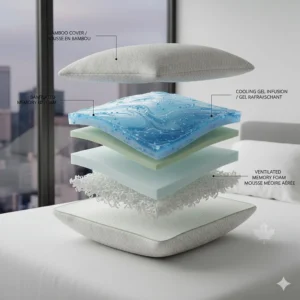 Close-up illustration of the breathable layers and cooling gel infusion designed for Canadian summer nights.