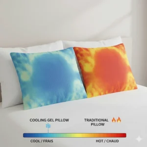 Infrared heat map showing the temperature regulation of a cooling pillow for side sleepers versus a standard pillow.