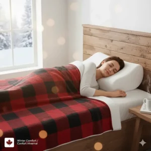 Illustration of a back sleeper using a cervical pillow with a warm, hypoallergenic bamboo cover for winter.