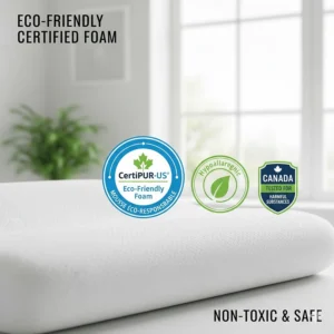 Illustration featuring eco-friendly certification seals for a non-toxic contour pillow for side sleepers.