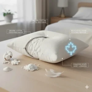 Eco-friendly materials used in a high loft pillow for side sleepers, featuring a subtle maple leaf icon.