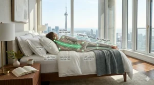 Diagram showing proper spinal alignment and neck support for side sleepers using a luxury lofted pillow.