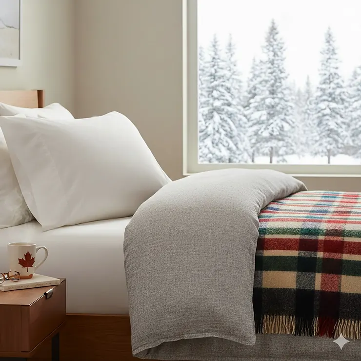 A plush high loft pillow for side sleepers on a bed with a cozy duvet, designed for Canadian winters.