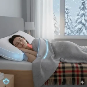 Illustration of a side sleeper using a high loft pillow during a Canadian winter night.