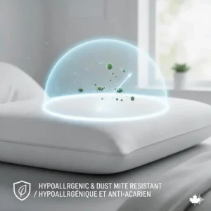 Illustration of hypoallergenic and antimicrobial pillow properties, perfect for Canadians with seasonal allergies.