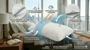 Close-up illustration of a hypoallergenic silk cover with silver ions on a luxury side sleeper pillow.