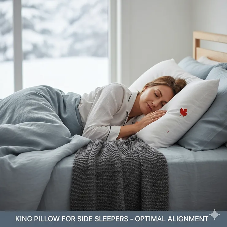 Illustration of a side sleeper using a king size pillow for optimal neck alignment and comfort. king size pillow canada