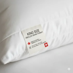 Illustration of a pillow tag showing bilingual English and French "King Size / Oreiller Grand Format" text.