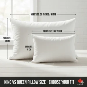 Comparison chart of king size vs queen size pillows to help Canadian customers choose the right fit.