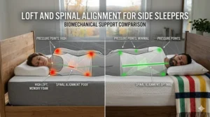 Technical illustration of spinal alignment for side sleepers using memory foam versus down pillows.