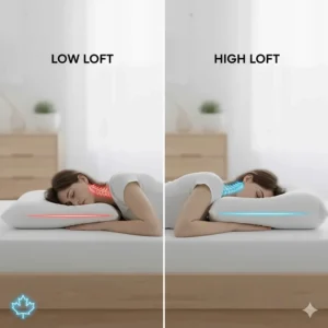 Side-by-side comparison showing why a high loft pillow is superior to a low loft pillow for side sleeping.