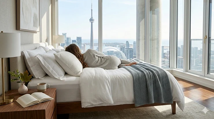 A premium luxury pillow for side sleepers styled on a modern bed in a high-end Toronto condo with a city view.