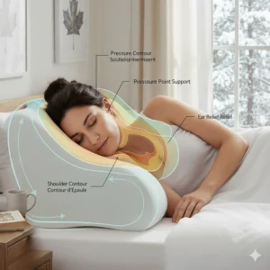 Technical illustration showing how memory foam pillows for side sleepers contour to the shoulder and ear to reduce pressure points.