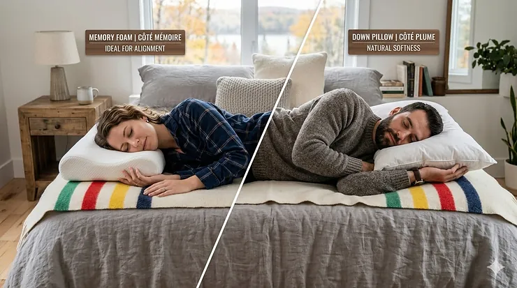 A Canadian side sleeper comparing a firm memory foam pillow and a soft down pillow in a cozy, modern bedroom. memory foam vs down pillow for side sleepers