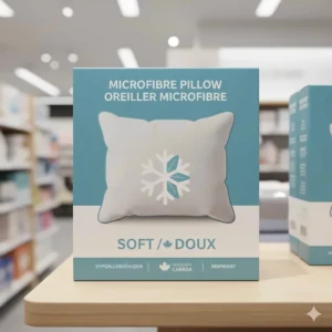Retail packaging for a soft microfiber pillow with bilingual English and French labels for the Canadian market.