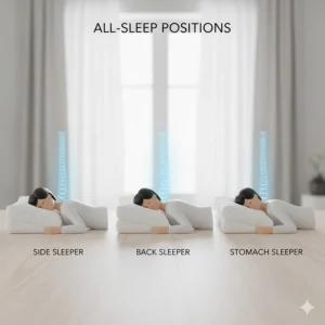 Illustration showing how a soft microfiber pillow provides ergonomic neck support for side, back, and stomach sleeping styles.