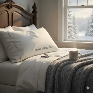A cozy winter bedding setup in Canada featuring a soft microfiber pillow and a warm duvet with a snowy window view.