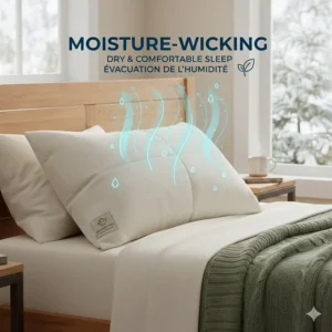 Graphic illustrating the moisture-wicking capabilities of organic wool for a dry and comfortable sleep.