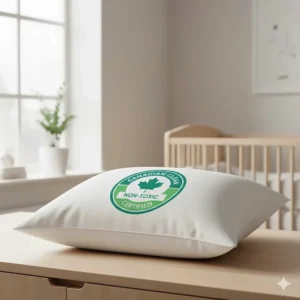 Illustration of a certified non-toxic soft microfiber pillow with a "Canadian Clean" badge, safe for nurseries and sensitive skin.