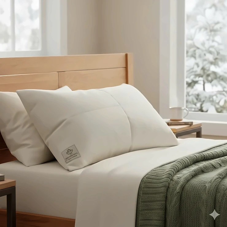 A premium organic wool pillow styled in a cozy Canadian bedroom with a maple wood bed frame and neutral linens.