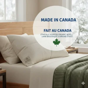 Illustration of a sewing station or a "Made in Canada" (Fait au Canada) leaf icon next to a wool pillow.