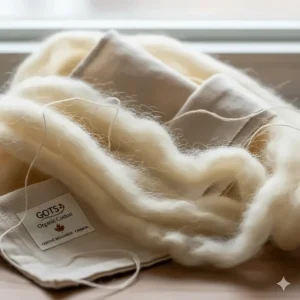 Illustration showing raw organic wool fibers and GOTS certified cotton used in Canadian pillows.
