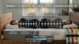 Graphic showing the lifespan of memory foam versus down pillows for Canadian consumers looking for long-term value.