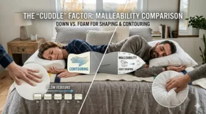 Illustrating the soft, shapeable nature of down pillows versus the contouring support of memory foam.