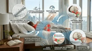 Medical-style illustration showing pressure point relief in the neck and shoulders for side sleepers using memory foam.