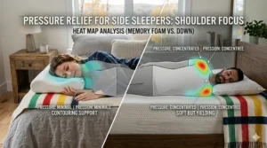 Heat map showing how memory foam provides superior pressure relief for side sleepers' shoulders.