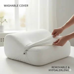 Illustration of a removable, machine-washable hypoallergenic cover being zipped onto a contour pillow.