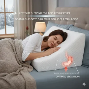 Illustration of a Canadian sleeper using a wedge pillow on their left side to reduce acid reflux during the night.