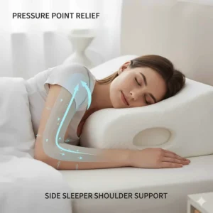 Graphic highlighting how the pillow's shape reduces shoulder pressure for side sleepers.