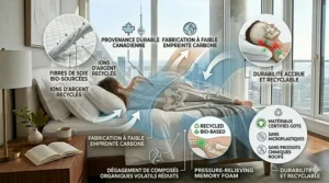 Sustainable luxury bedding illustration showcasing GOTS certified organic materials and Canadian eco-friendly manufacturing.