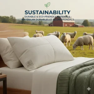 An eco-friendly illustration featuring a sheep in a green pasture, representing sustainable wool sourcing.
