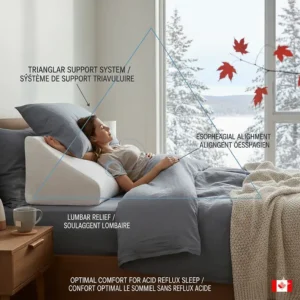 Graphic showing the triangular support of an acid reflux sleep pillow providing lumbar and esophageal relief.