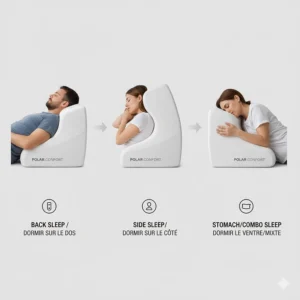 Diagram showing how a pillow for combination sleepers supports back, side, and stomach sleeping transitions.