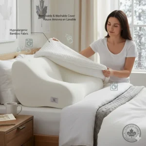 Illustration of a removable, machine-washable bamboo cover for a memory foam pillow for side sleepers.