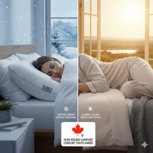 Illustration of a cooling pillow providing consistent temperature regulation through Canadian winters and summers.