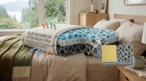 Illustration of the internal foam structure and breathable cover of an adjustable pillow designed for Canadian side sleepers.