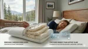 Illustration showing an adjustable loft pillow where layers can be added or removed for a custom fit.