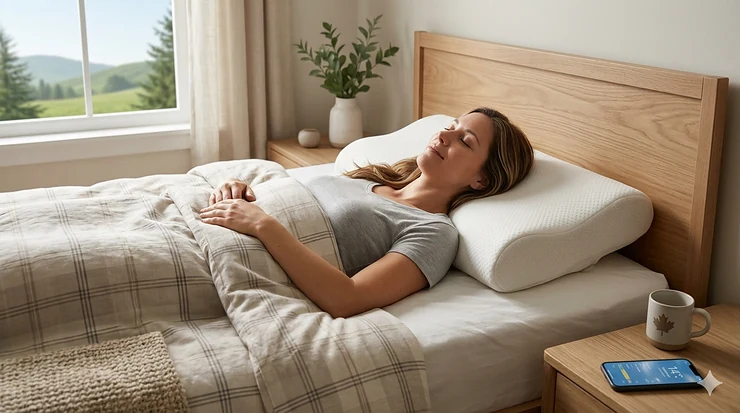 A Canadian woman waking up refreshed in a sunlit bedroom using a memory foam pillow for neck and shoulder pain relief.