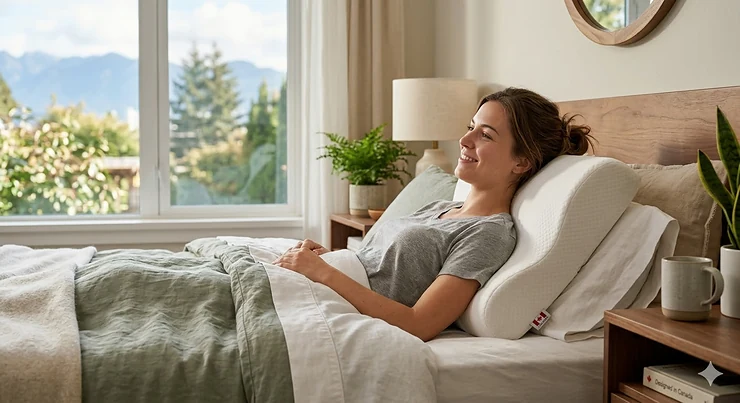 A person waking up without neck pain on a premium ergonomic pillow in a bright Canadian home.