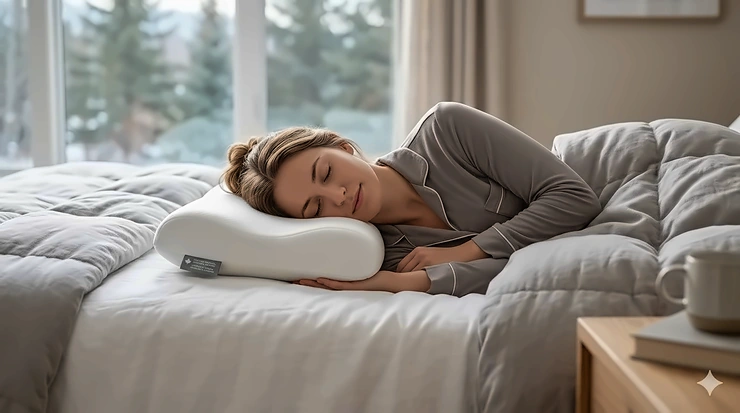 A person sleeping comfortably on their side using an ergonomic pillow for neck pain relief in a modern Canadian bedroom.