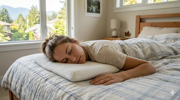 A person sleeping comfortably on a thin pillow for stomach sleepers in a cozy Canadian bedroom with maple decor.