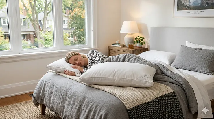 A cozy Canadian bedroom setting featuring a premium washable pillow for side sleepers on a bed with a warm duvet.