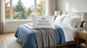 Bilingual English and French care instructions for washing and maintaining a medium loft pillow in Canada.