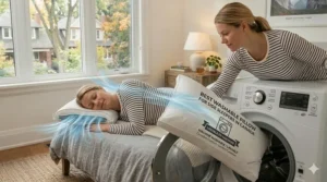 A product label showing the "Machine Washable" and "Lavable en machine" icons for the Canadian market.