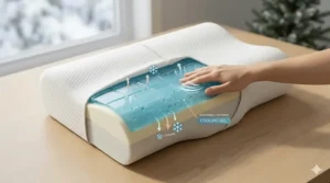 Illustration highlighting the breathable cooling gel layer of a cervical support pillow, ideal for humid Canadian summers.