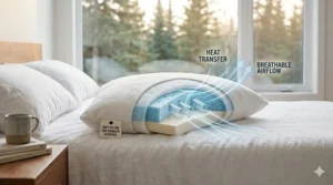 A highly detailed photorealistic illustration showing a cross-section of a soft pillow for stomach sleepers with blue cooling lines indicating heat transfer and breathable airflow technology.